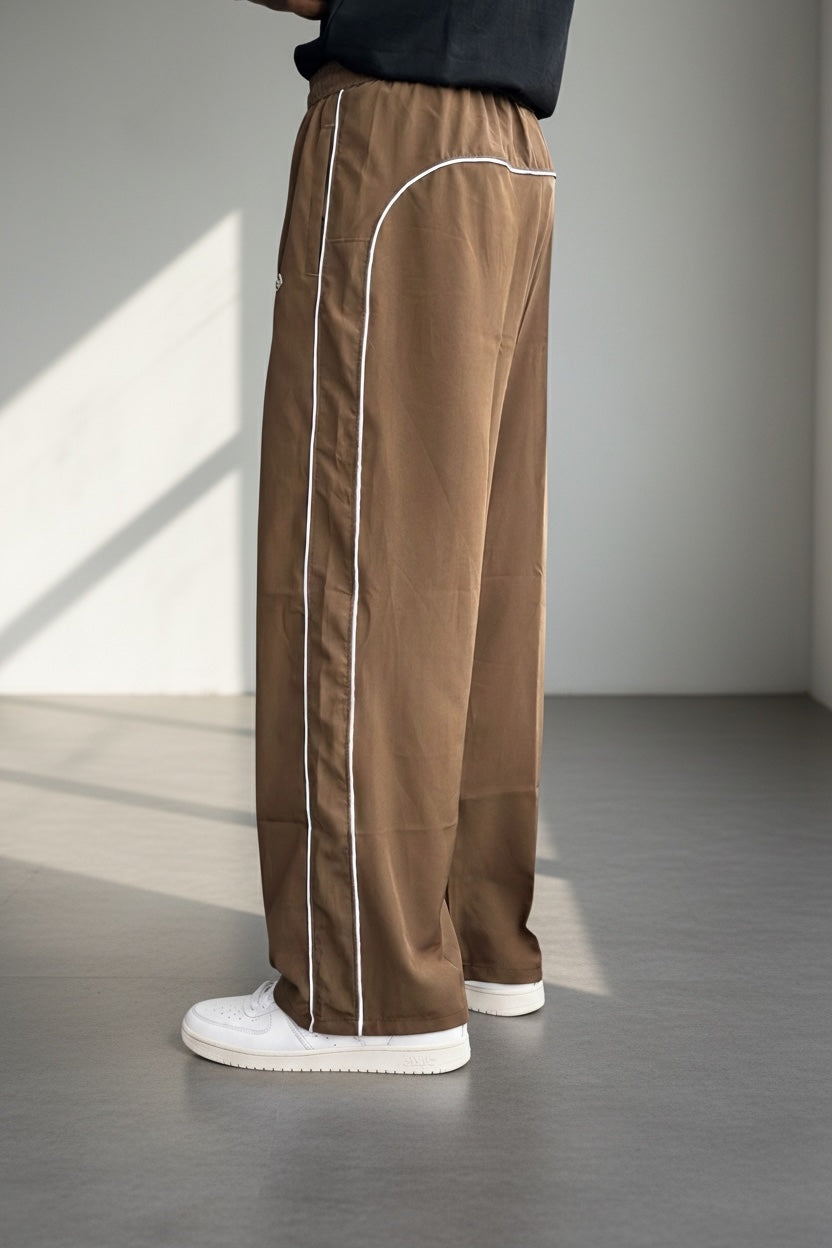 PIPING LOOSE FIT TRACK PANTS- BROWN