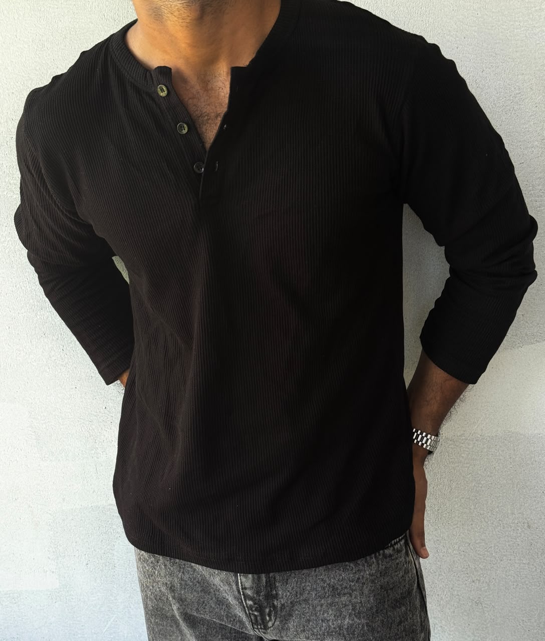 HENLEY FULL SLEEVE MUSCLE FIT - BLACK