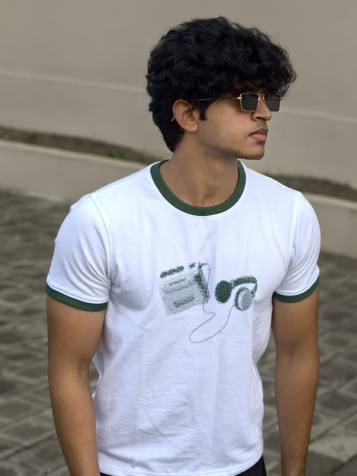 RINGER TEES - WHITE/GREEN PRINT